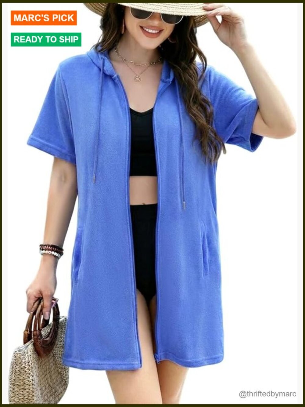 Terry Cloth Swim Cover Up Hooded Zipper Pockets Quick Dry Beach Pool
